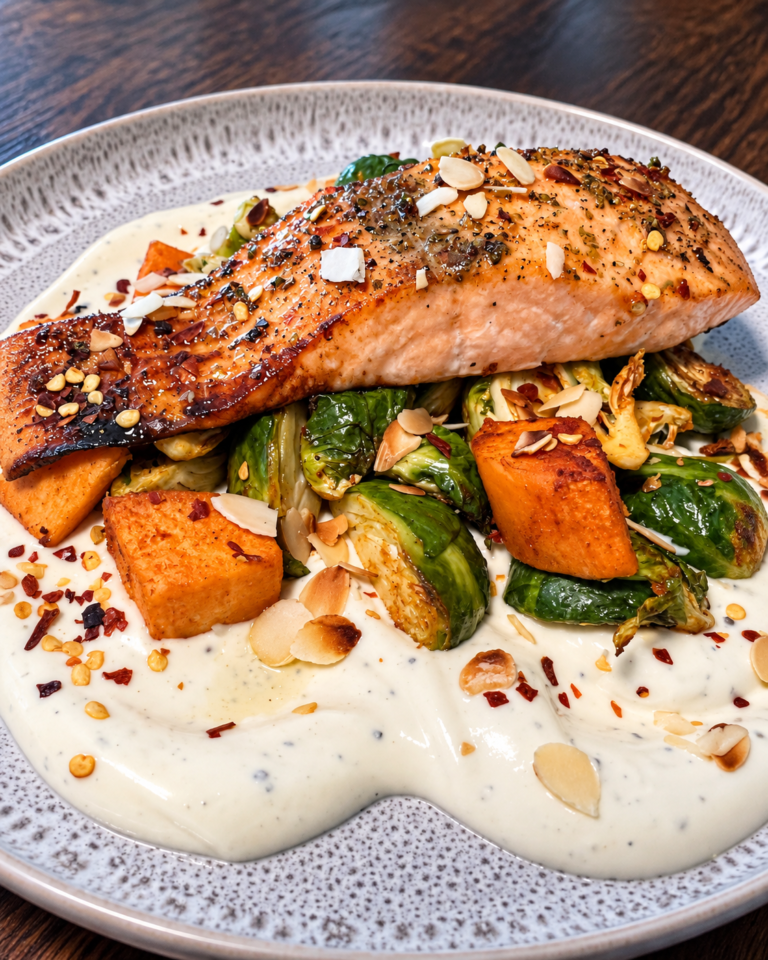 Airfryer-Lachs mit Rosenkohl, Süßkartoffeln und Dijon-Skyr-Creme