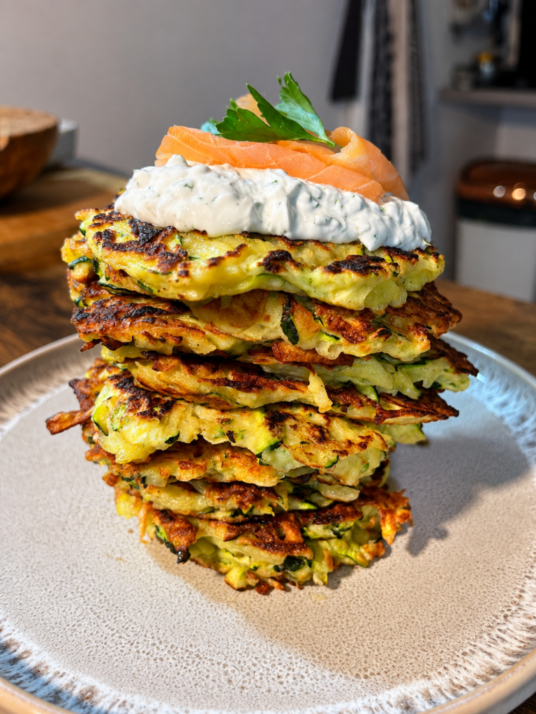 Kartoffel-Zucchini-Puffer mit Kräuterquark und Räucherlachs