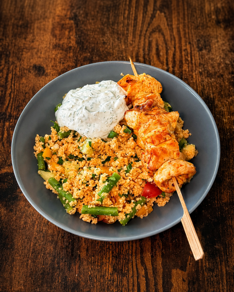 Couscous-Salat mit Hähnchenspießen & Joghurt-Dip