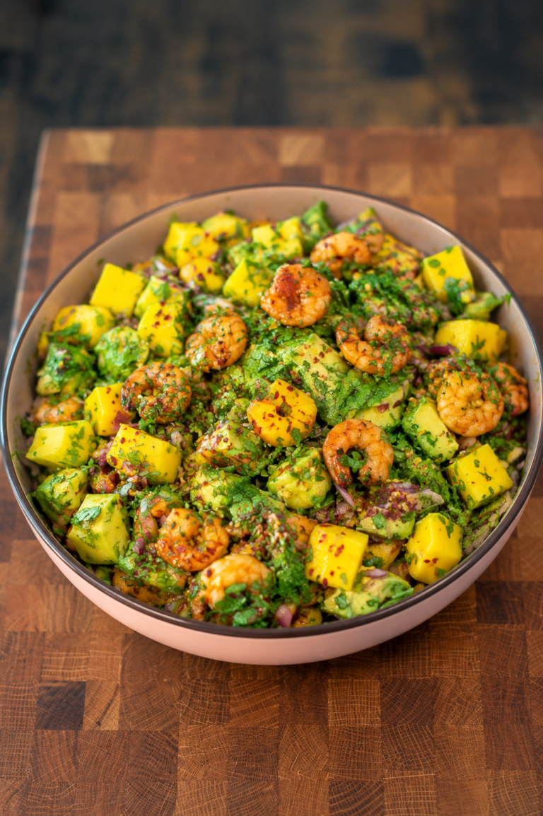 Mango-Avocado-Salat mit Hot Honey Garnelen