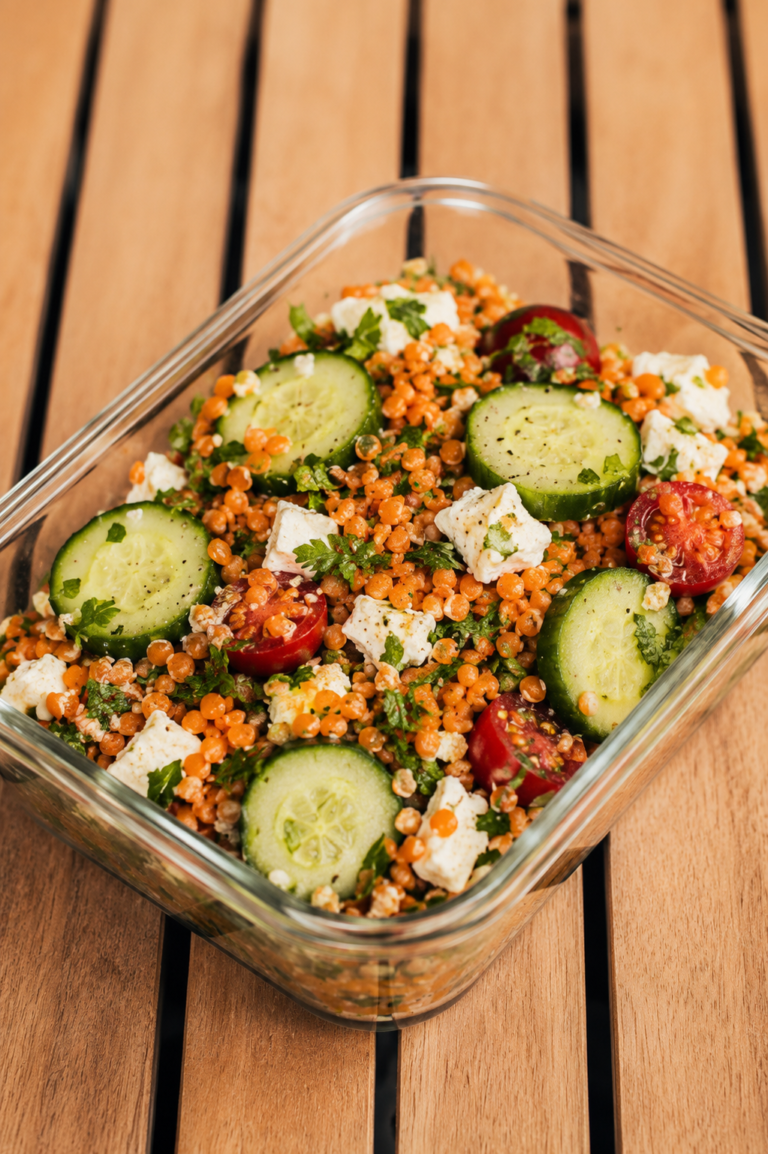 Rote-Linsen-Salat mit Feta und Gurke
